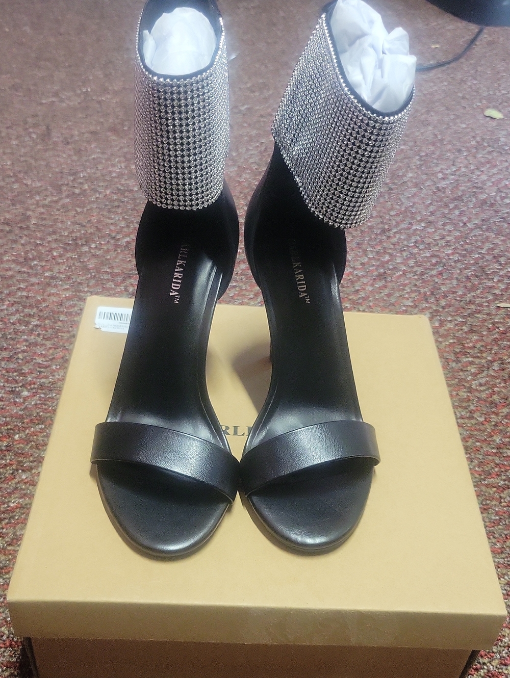 Black Ankle Cuff Dress Sandals with Silver Crystal Detail